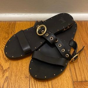 BEEK Black Leather Gold Hardware Maleo Flat Sandals